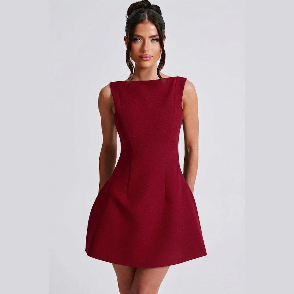 Women's Basic Solid Backless Boat Neck Tank A-line Dress