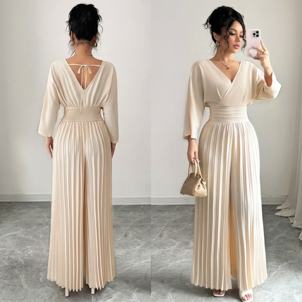 Women’s Elegant V-Neck Pleated Wide Leg Jumpsuit