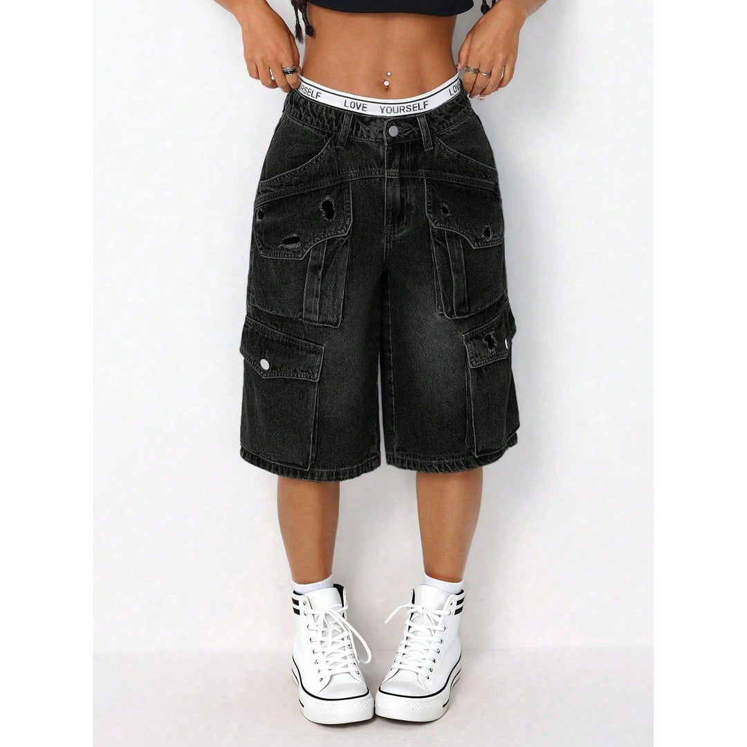 Distressed Cargo Denim Bermuda Shorts – Wide Leg & Multi-Pocket