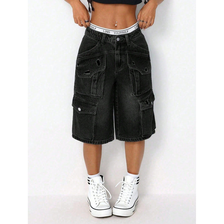Distressed Cargo Denim Bermuda Shorts – Wide Leg & Multi-Pocket
