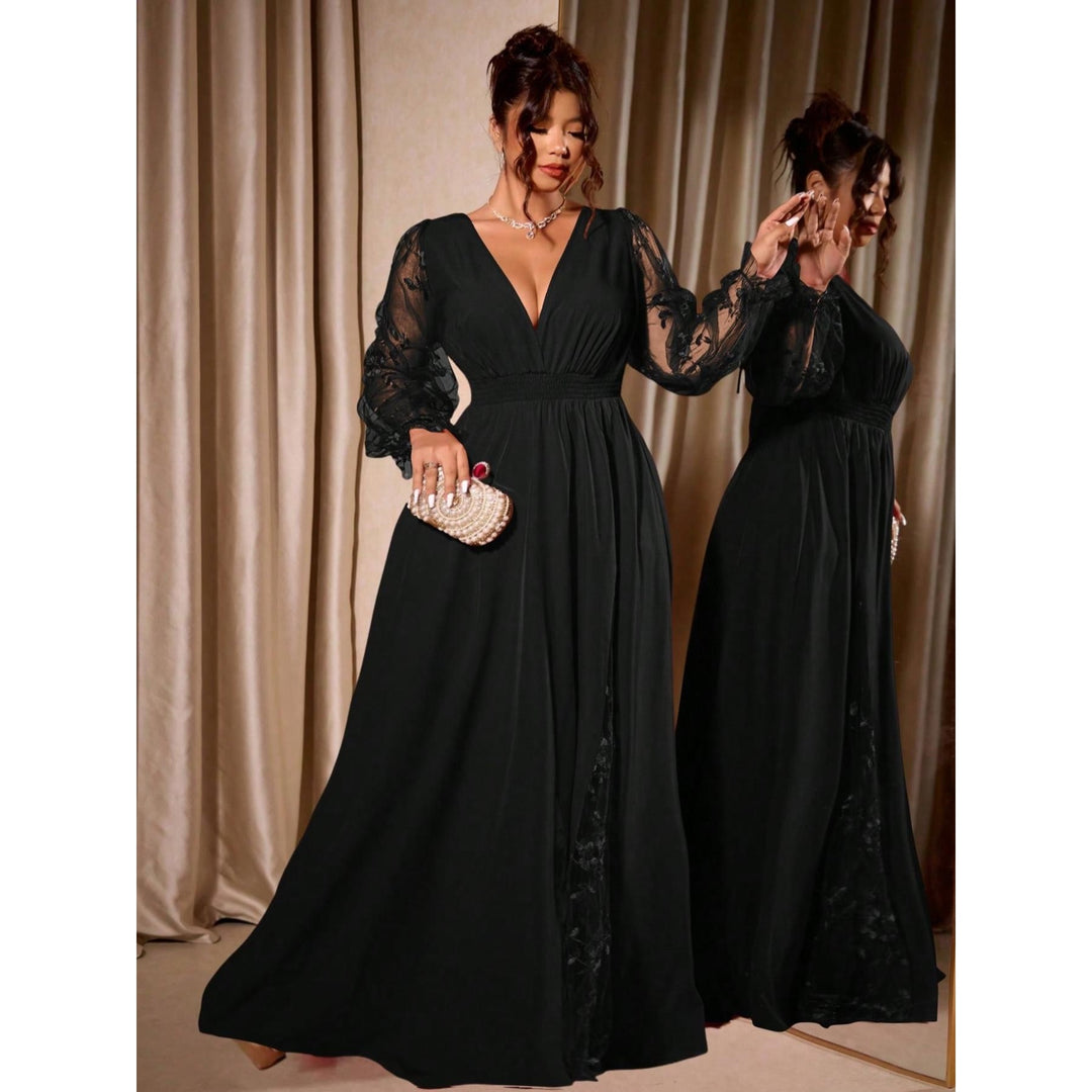Elegant Lace-Trimmed V-Neck Maxi Dress with High Slit & Long Sleeves