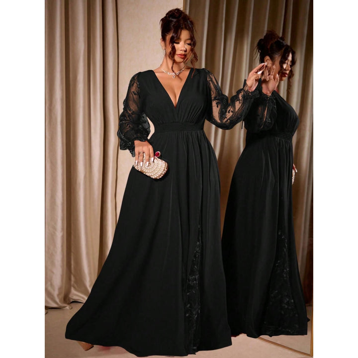Elegant Lace-Trimmed V-Neck Maxi Dress with High Slit & Long Sleeves