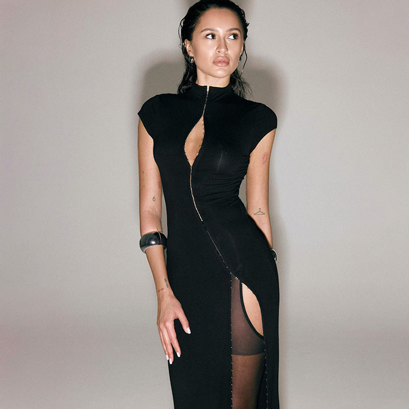 Women’s High-Neck Black Maxi Dress – One-Side Button-Up & Side Slit