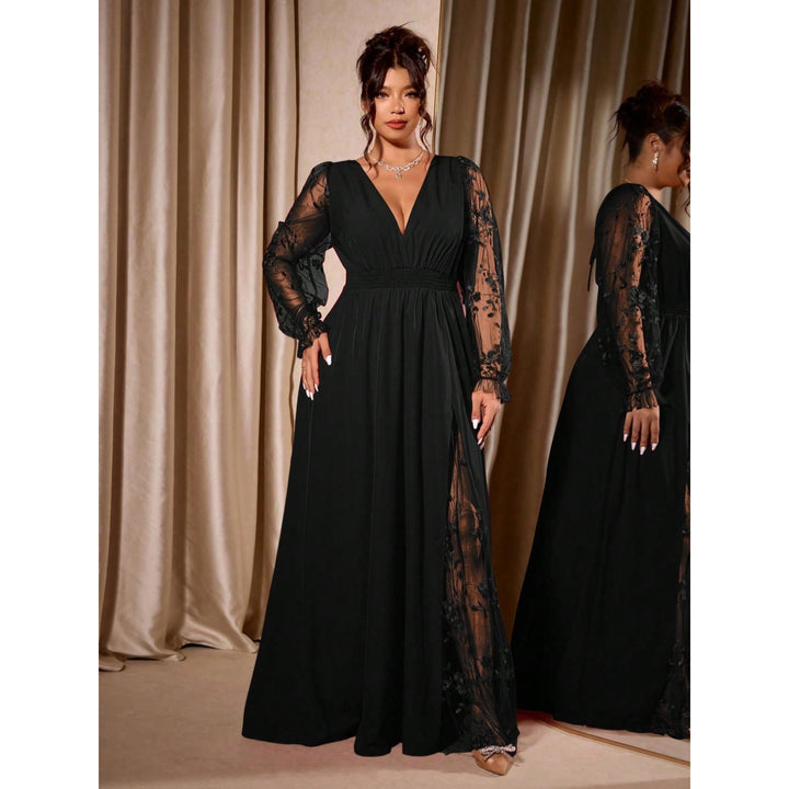 Elegant Lace-Trimmed V-Neck Maxi Dress with High Slit & Long Sleeves