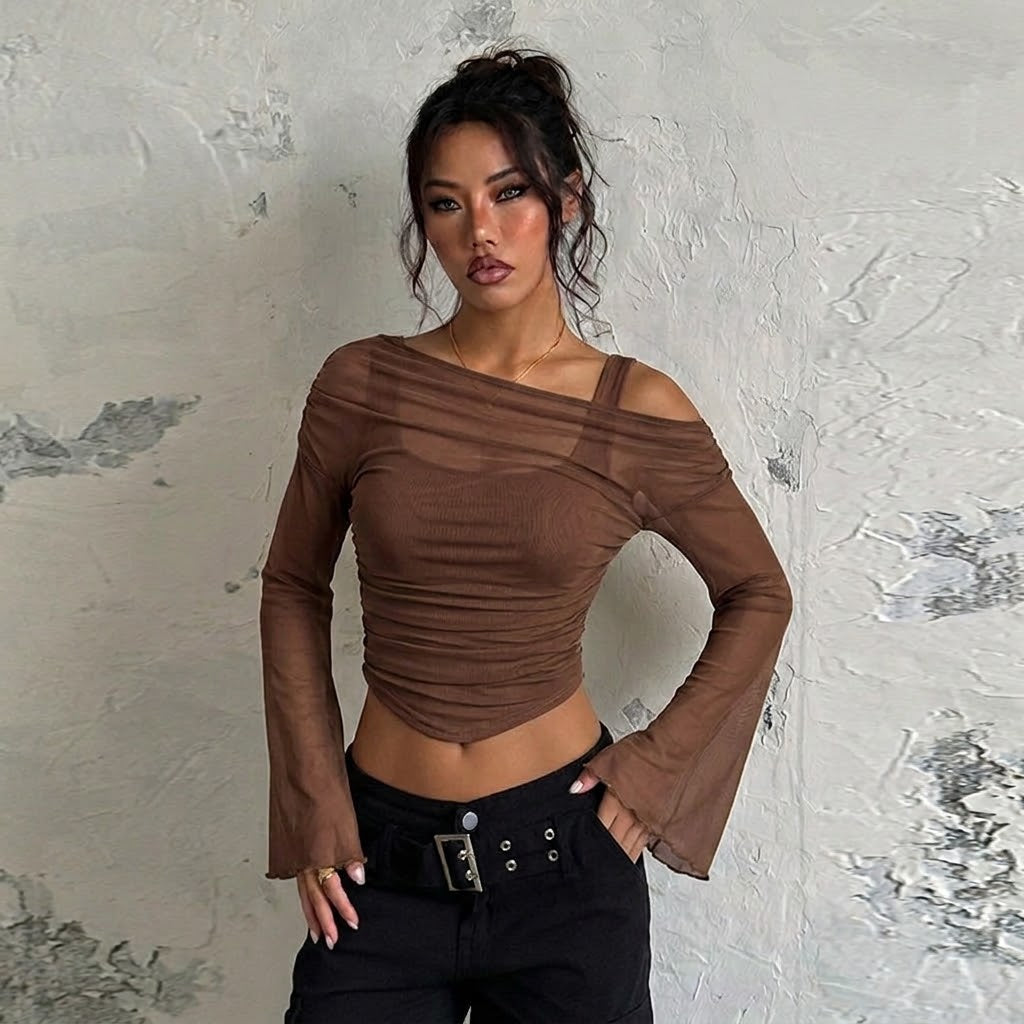 Women’s Off-Shoulder Ruched Mesh Top
