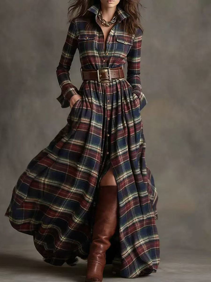 French Vintage Plaid Maxi Dress