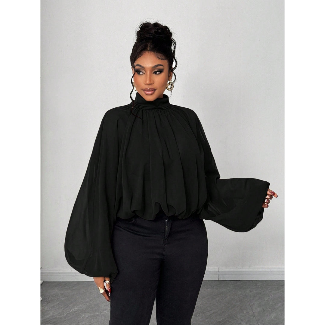 Women's High Neck Solid Color Sheer Shirt Blouses Shirts