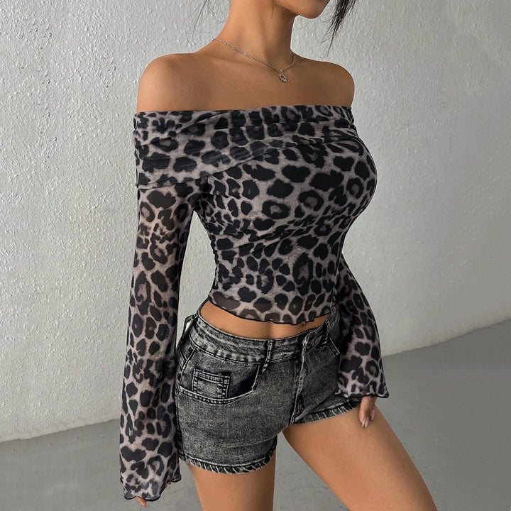 Women’s Leopard Print Off Shoulder Mesh Top