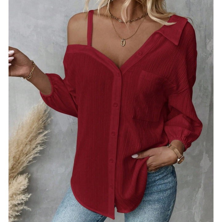 Women’s Off-Shoulder Textured Button-Up Blouse