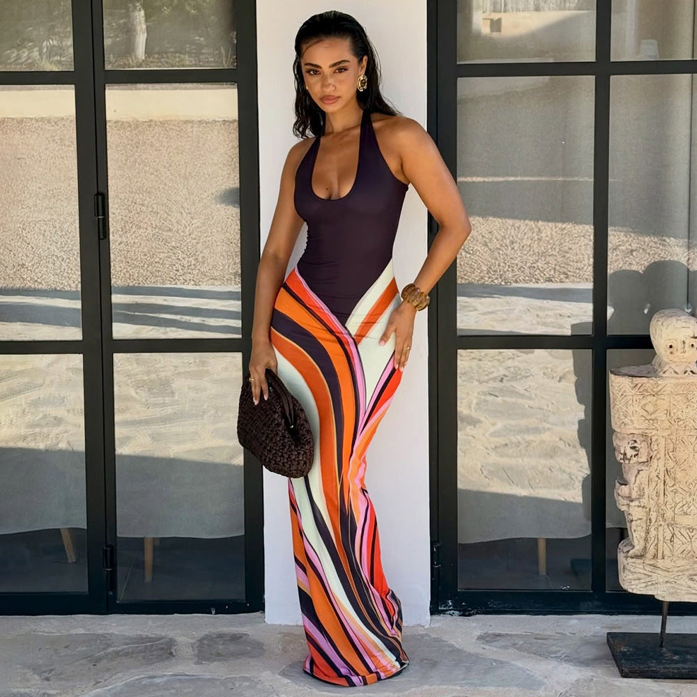 Women’s Halter Neck Backless Maxi Dress – Sexy Color Block Bodycon