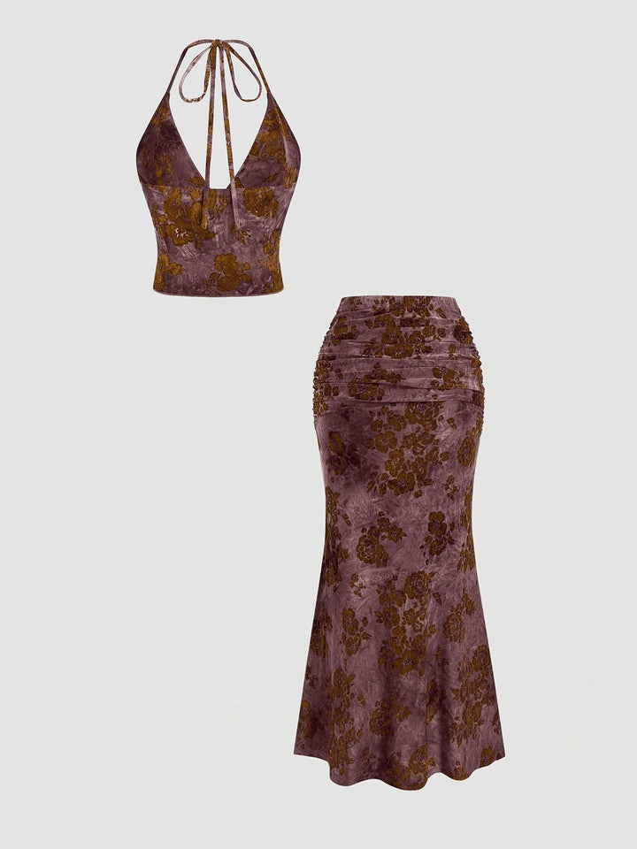 Halter Crop Top & Drawstring Mermaid Maxi Skirt Matching Summer Outfit