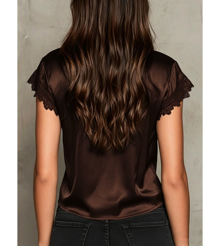 Women’s Lace Trim Satin Blouse – V Neck Short Sleeve Tie Front Top