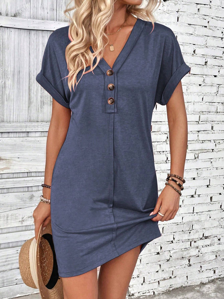 Women’s Button Front V Neck Mini Dress