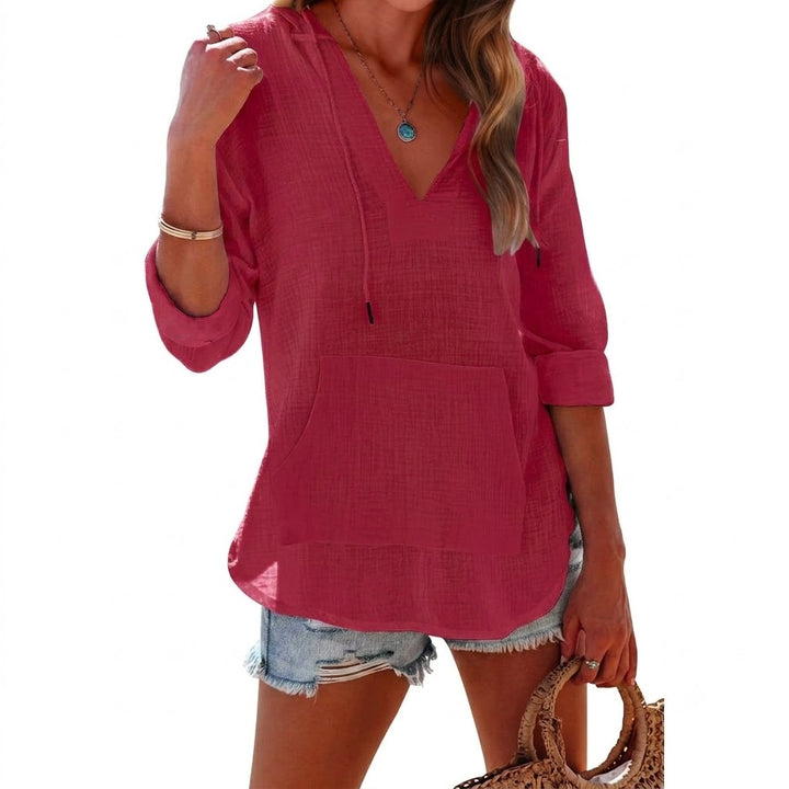 Women's Relaxed V Neck Drawstring Hooded Top