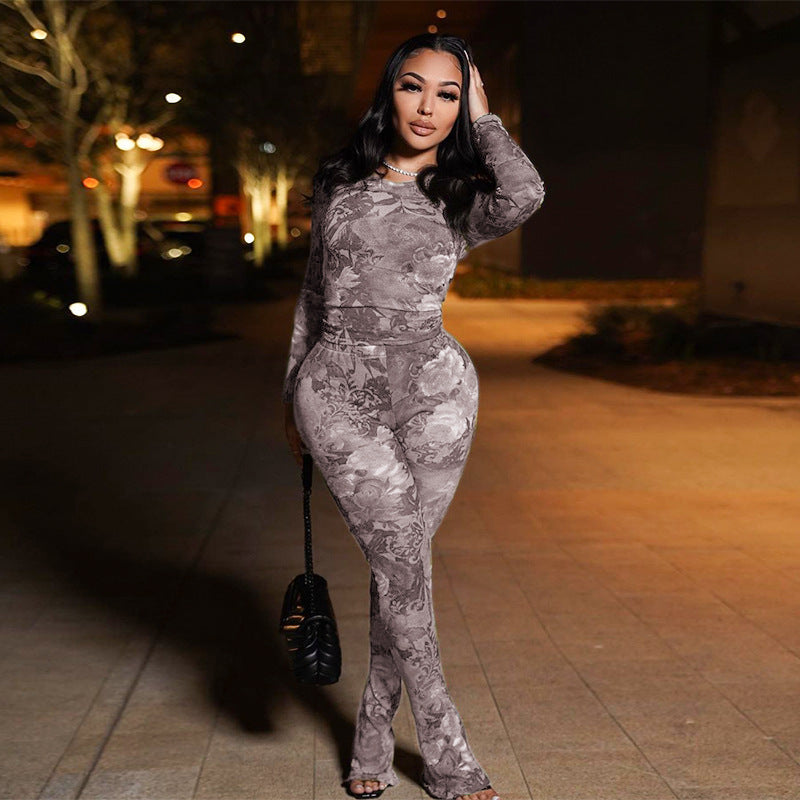 Floral Mesh Printed Long Sleeve Two Piece Set