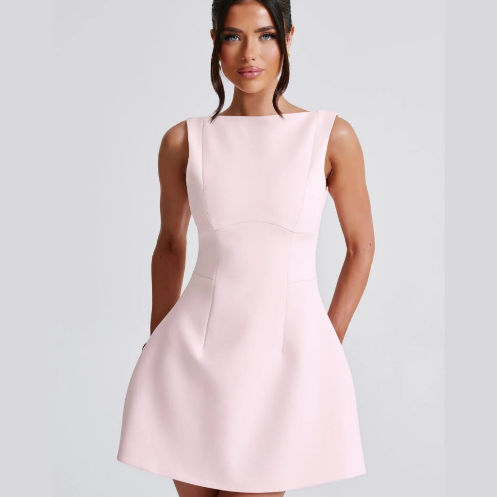 Women's Basic Solid Backless Boat Neck Tank A-line Dress