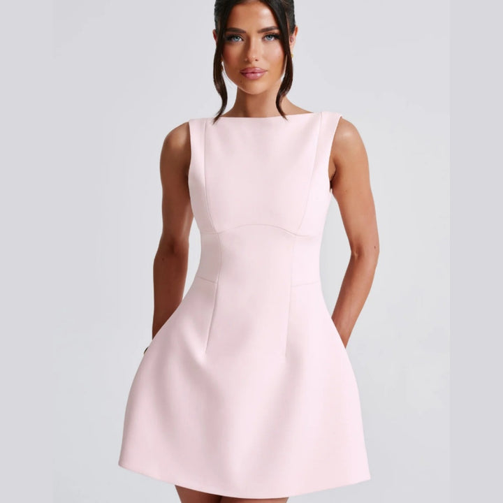Women's Basic Solid Backless Boat Neck Tank A-line Dress
