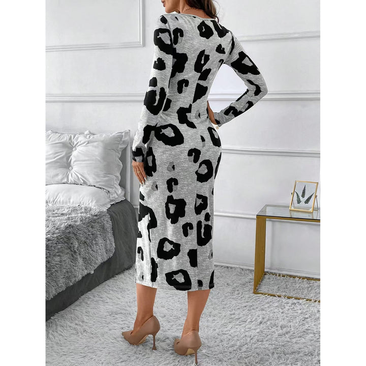 Women’s Leopard Print Midi Dress – with Side Slit & Figure-Hugging Fit