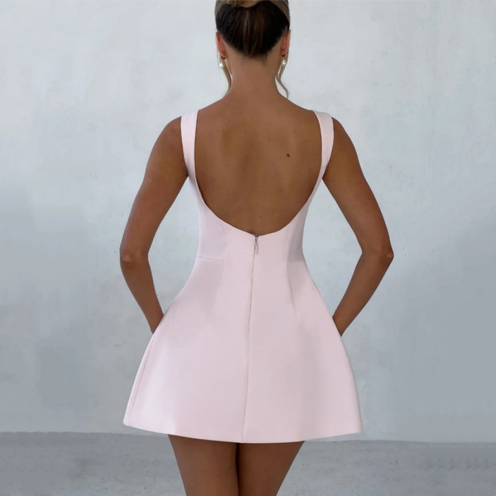 Women's Basic Solid Backless Boat Neck Tank A-line Dress