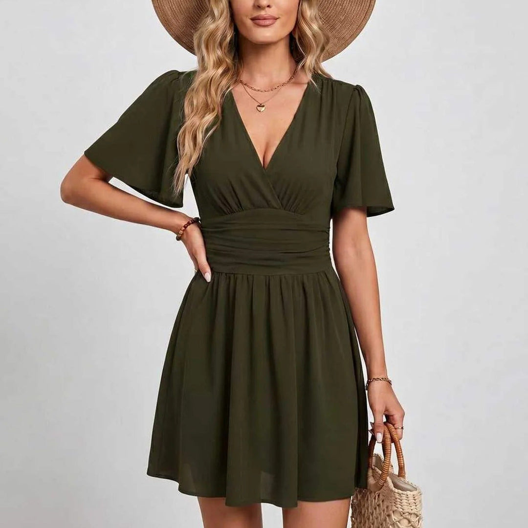 Elegant Deep V-Neck Ruffle Sleeve Mini Dress