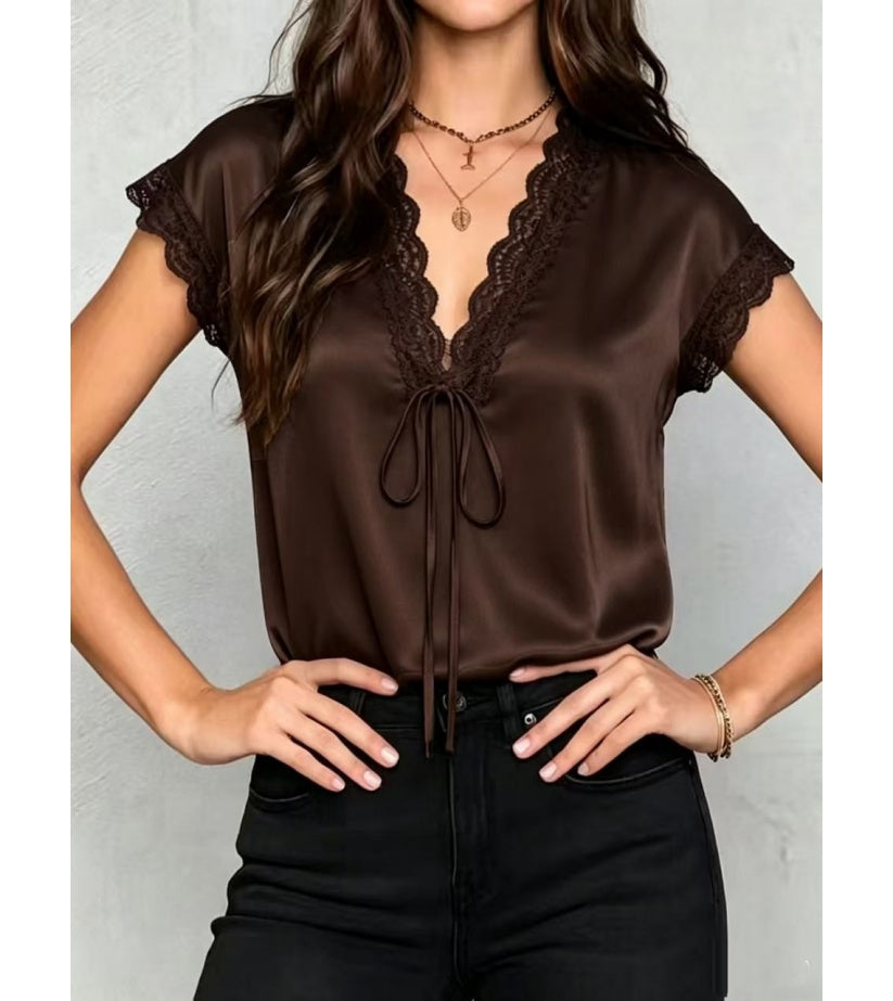 Women’s Lace Trim Satin Blouse – V Neck Short Sleeve Tie Front Top