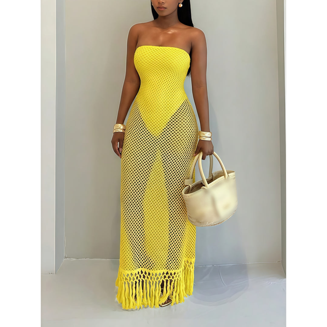 Women's Summer Beach Crochet Mesh Fringe Dress - Fake Two-Piece Design