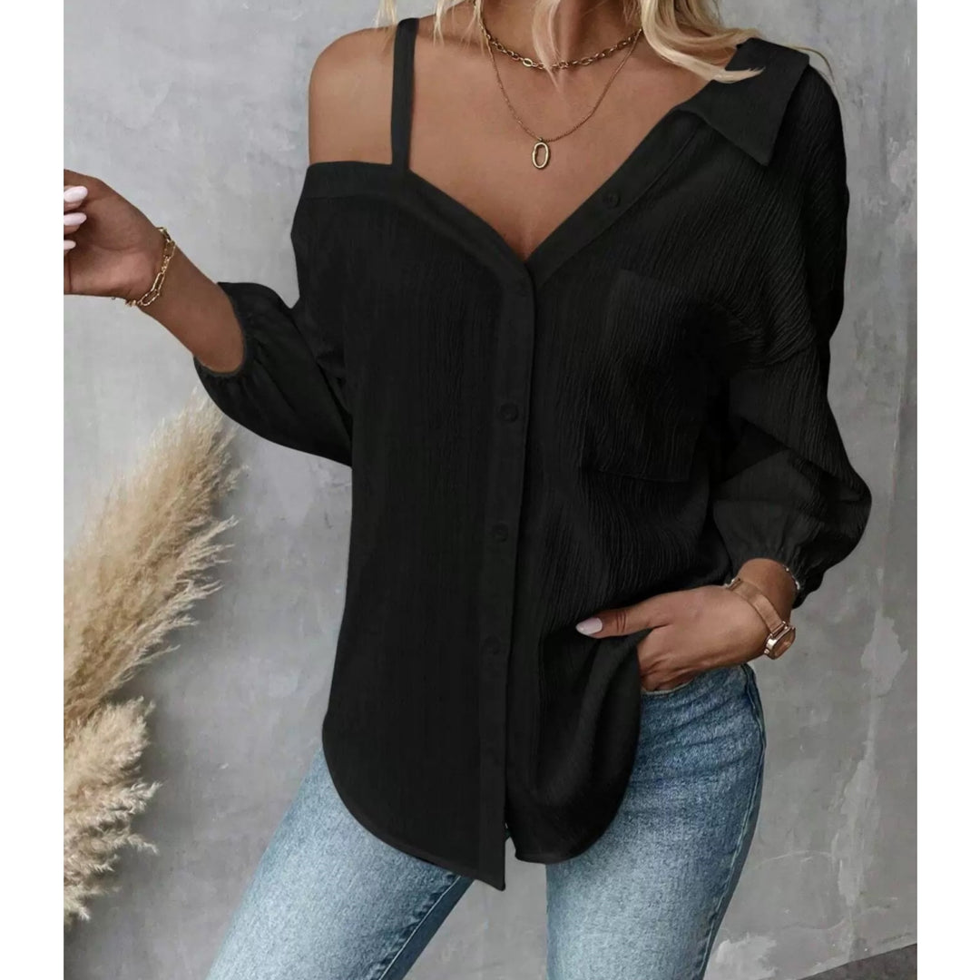 Women’s Off-Shoulder Textured Button-Up Blouse