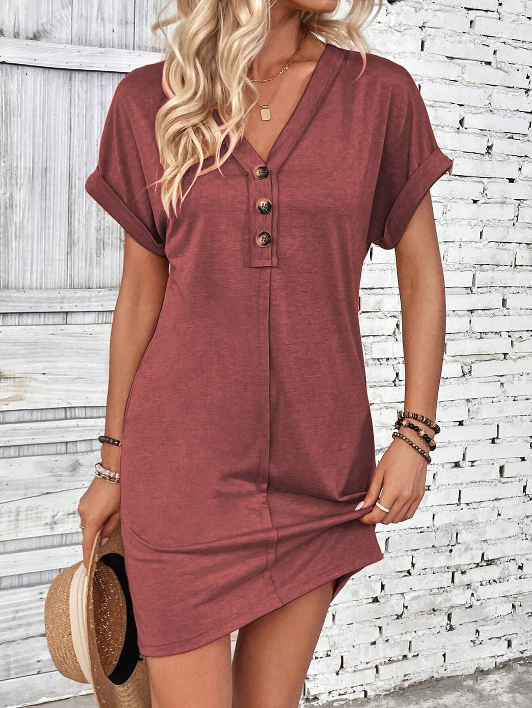 Women’s Button Front V Neck Mini Dress