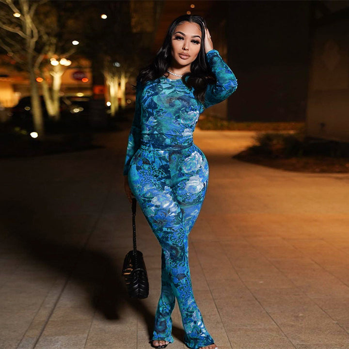 Floral Mesh Printed Long Sleeve Two Piece Set