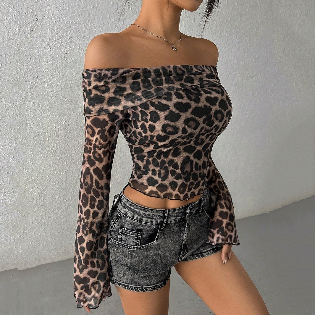 Women’s Leopard Print Off Shoulder Mesh Top