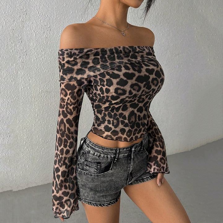 Women’s Leopard Print Off Shoulder Mesh Top