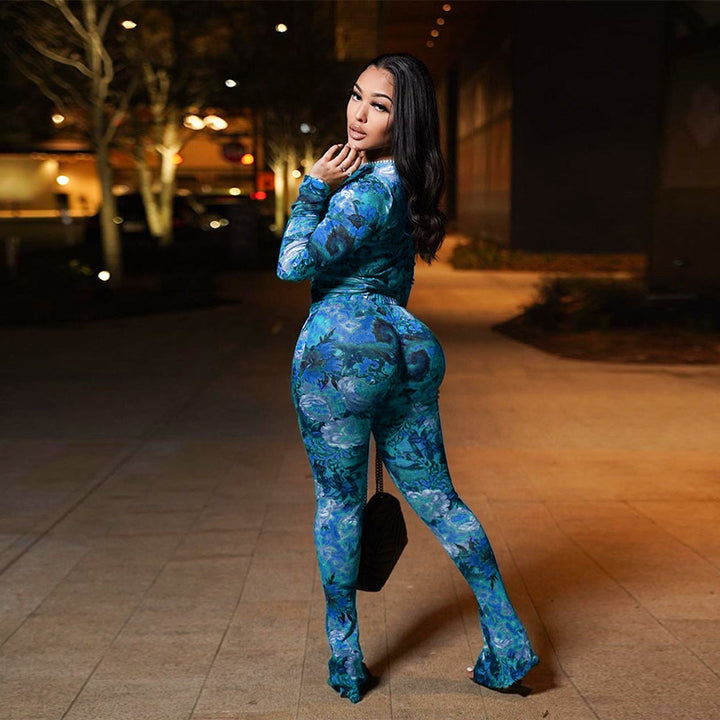 Floral Mesh Printed Long Sleeve Two Piece Set