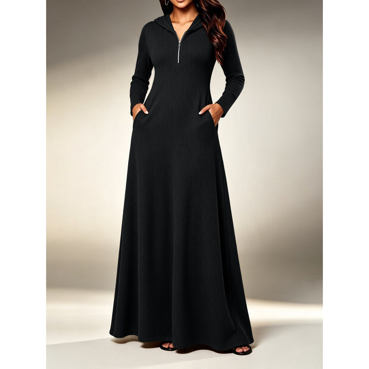 Women’s Knitted Long Sleeve Maxi Dress – with Half-Zip Neck