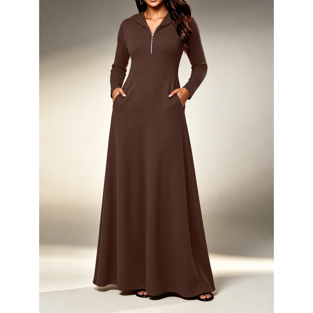 Women’s Knitted Long Sleeve Maxi Dress – with Half-Zip Neck