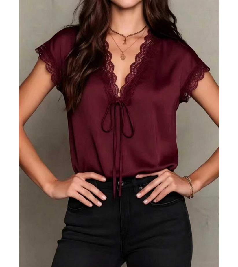 Women’s Lace Trim Satin Blouse – V Neck Short Sleeve Tie Front Top