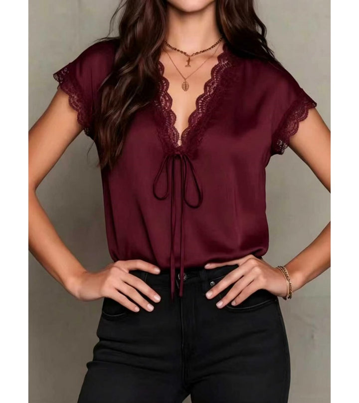 Women’s Lace Trim Satin Blouse – V Neck Short Sleeve Tie Front Top