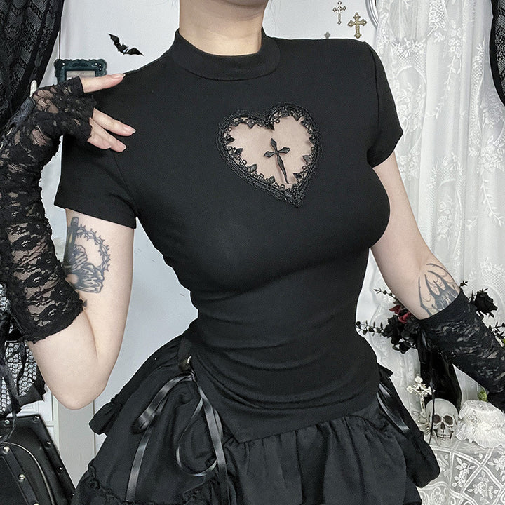 Women’s Gothic Cross Cutout T-Shirt – Slim Fit Cropped Top