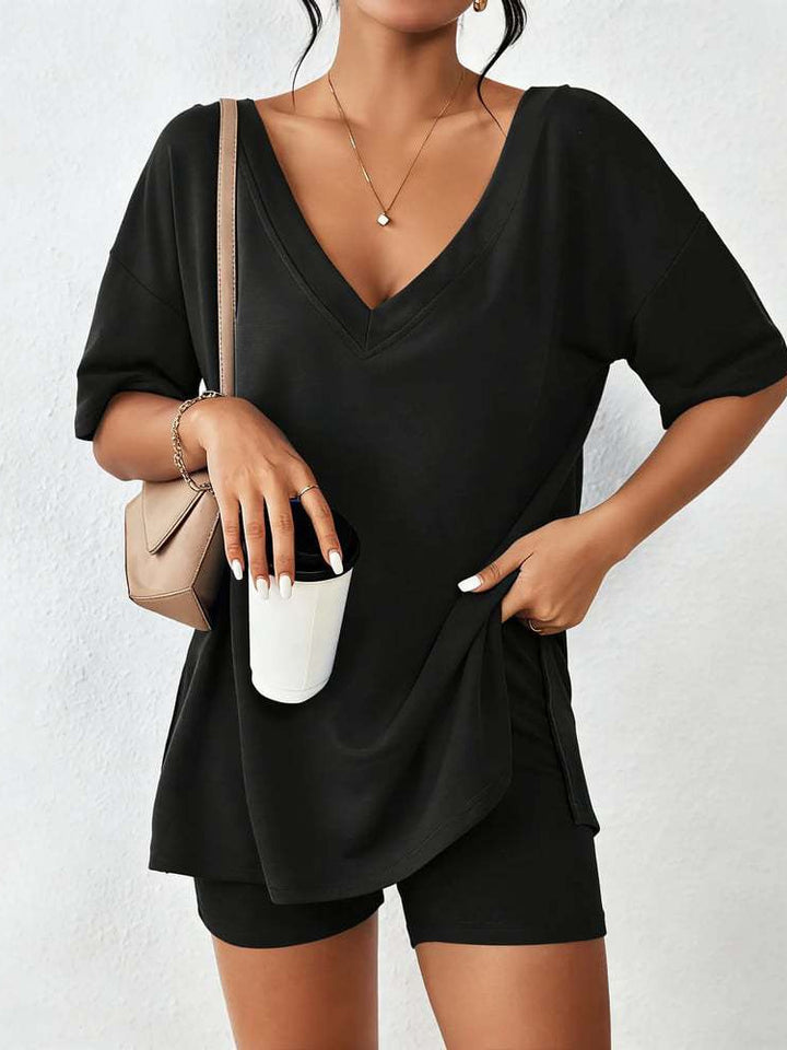 Casual Matching Outfit - Stretchy Deep V Neck Loose Fit Top & Pocket Shorts