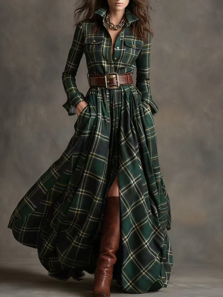 French Vintage Plaid Maxi Dress