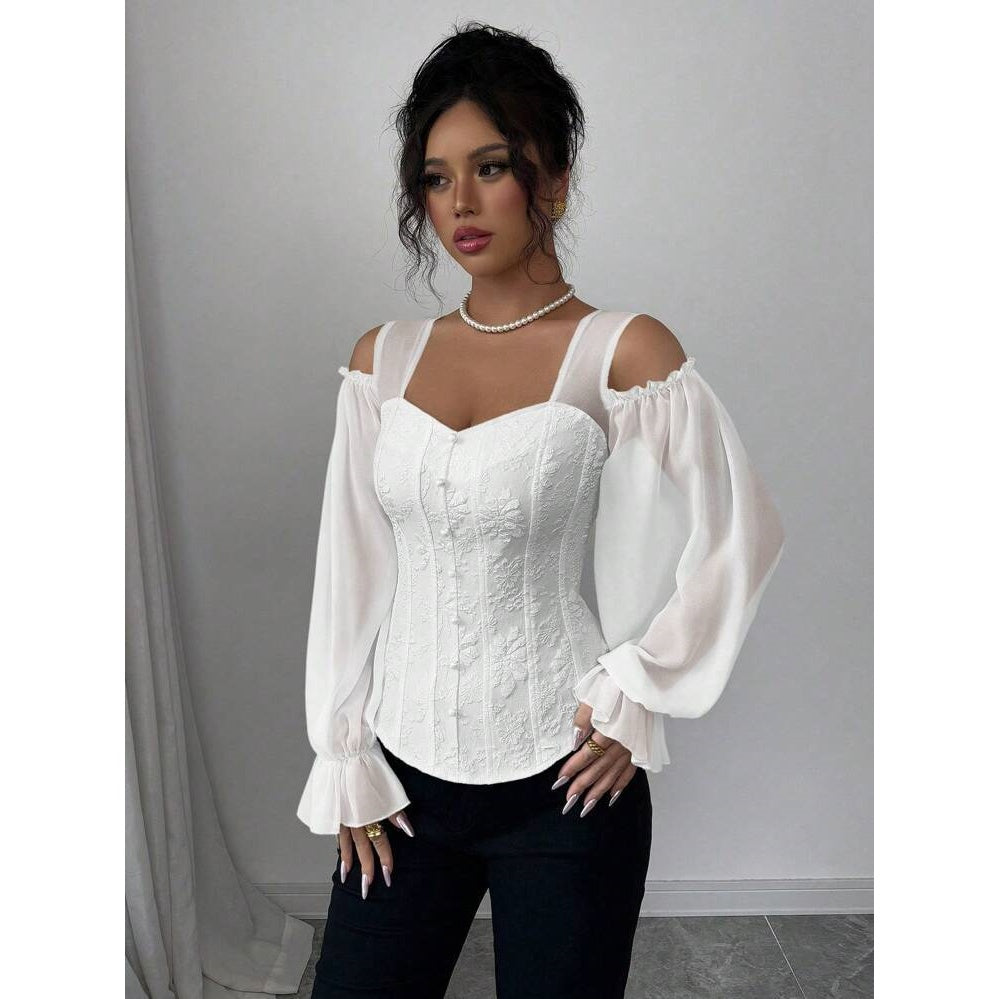 Women’s Floral Jacquard Square Neck Off-Shoulder Top