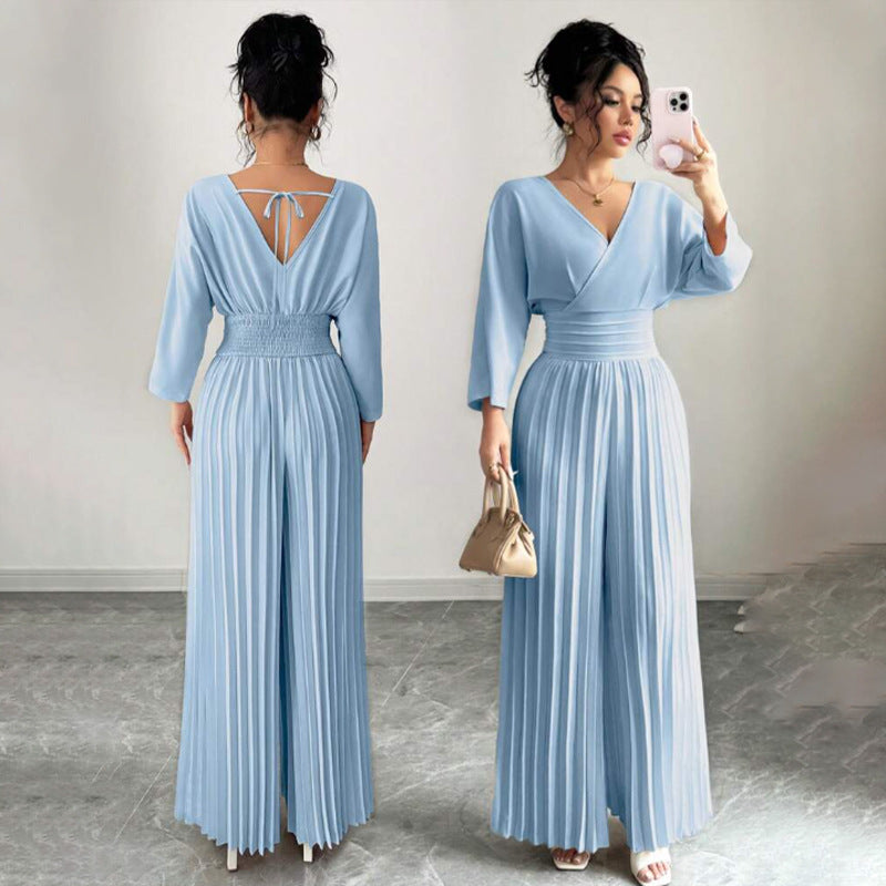 Women’s Elegant V-Neck Pleated Wide Leg Jumpsuit