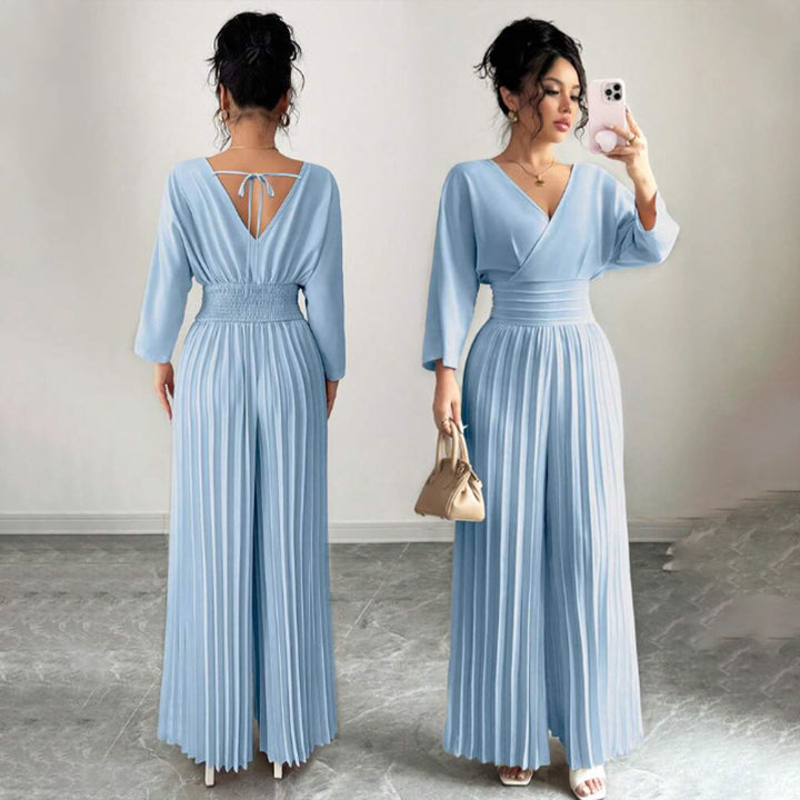 Women’s Elegant V-Neck Pleated Wide Leg Jumpsuit