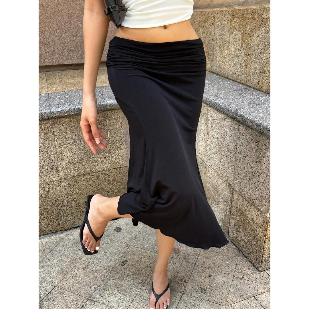 Women’s Ruched Mermaid Midi Skirt – Low-Rise Slim-Fit Bodycon Skirt with Flared Hem
