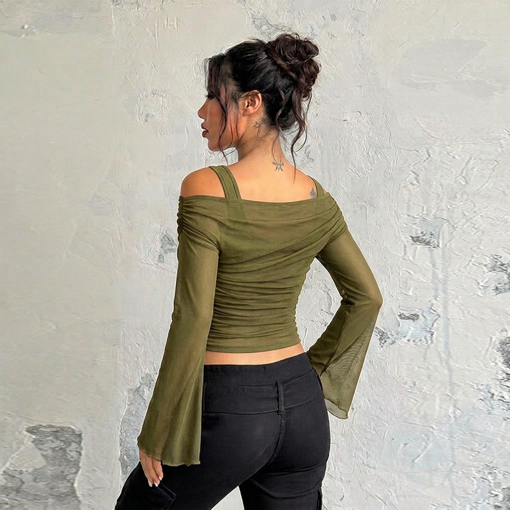 Women’s Off-Shoulder Ruched Mesh Top