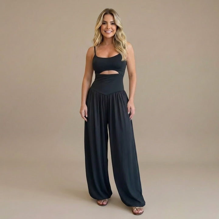 Women’s Cut Out Wide Leg Jumpsuit – Sleeveless Spaghetti Strap Casual Romper