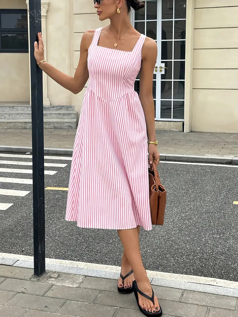 Elegant Striped Square Neck Midi Dress for Women