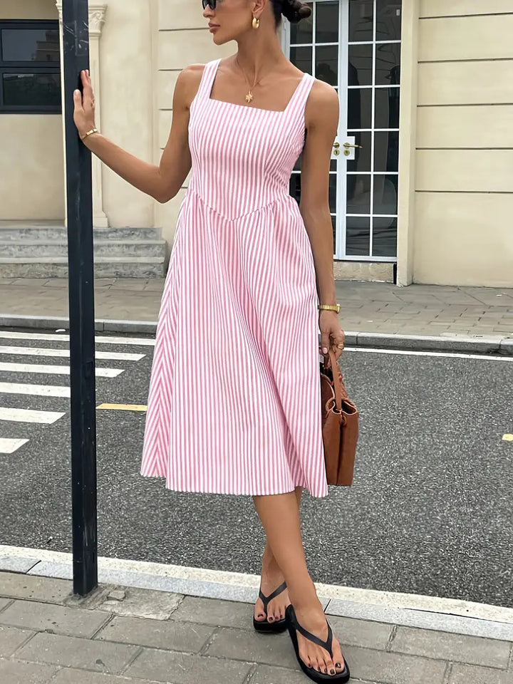 Elegant Striped Square Neck Midi Dress for Women