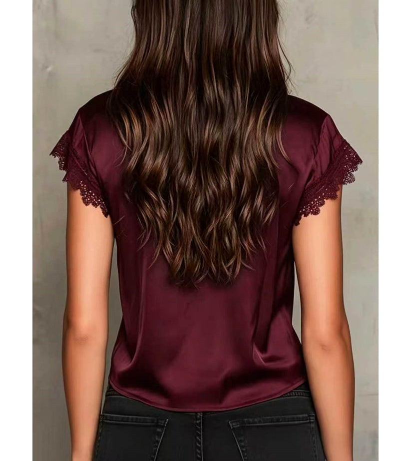 Women’s Lace Trim Satin Blouse – V Neck Short Sleeve Tie Front Top