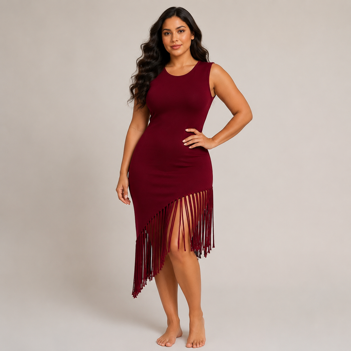 Knit Fringe Dress – Sleeveless Bodycon Tassel Dress