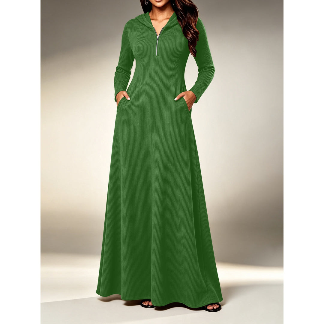Women’s Knitted Long Sleeve Maxi Dress – with Half-Zip Neck